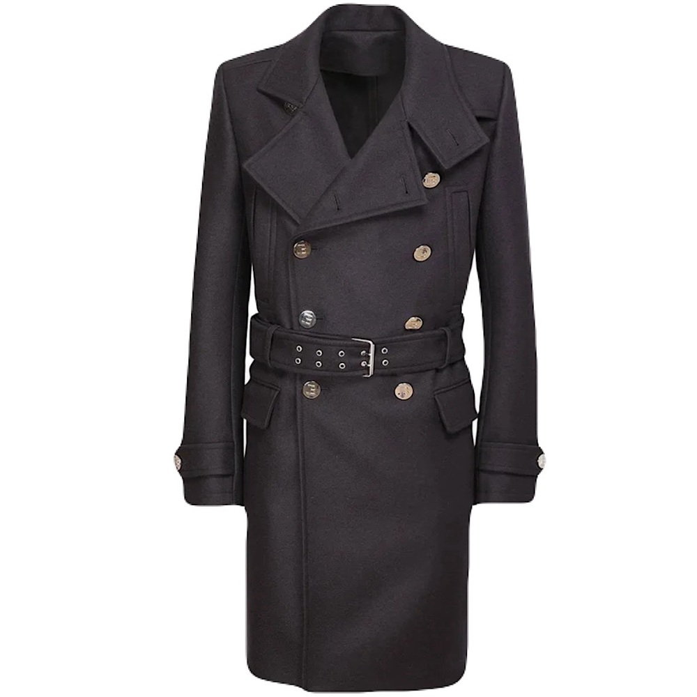Balmain Wool Blend Military Coat with Belt - Navy